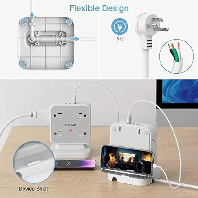Alt view image 4 of 6 - Power Strip Tower Surge Protector, TESSAN 8 AC Outlets with 3 USB (1 USB C Port), 5 FT Flat Plug Extension Cord with Multiple Outlets, Desk Charging Station for Home Office Supplies, Dorm Room Grey