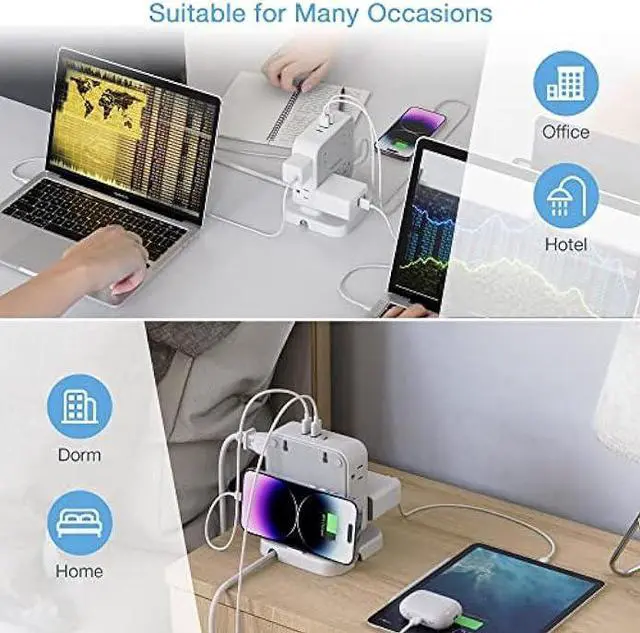 Alt view image 6 of 6 - Power Strip Tower Surge Protector, TESSAN 8 AC Outlets with 3 USB (1 USB C Port), 5 FT Flat Plug Extension Cord with Multiple Outlets, Desk Charging Station for Home Office Supplies, Dorm Room Grey