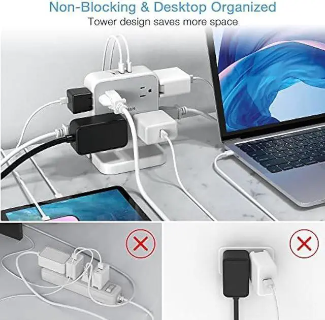 Alt view image 5 of 6 - Power Strip Tower Surge Protector, TESSAN 8 AC Outlets with 3 USB (1 USB C Port), 5 FT Flat Plug Extension Cord with Multiple Outlets, Desk Charging Station for Home Office Supplies, Dorm Room Grey