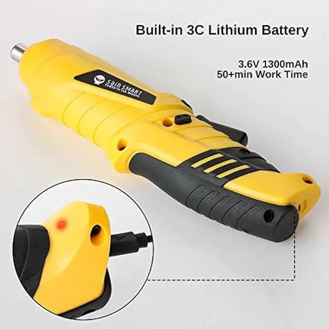 Alt view image 5 of 5 - SainSmart Cordless Electric Screwdriver with Rechargeable 3.6v Lithium Battery and 1/4 Hex Chuck, Includes 45pcs Bits, 1 Extension Rod and 1 USB Cable