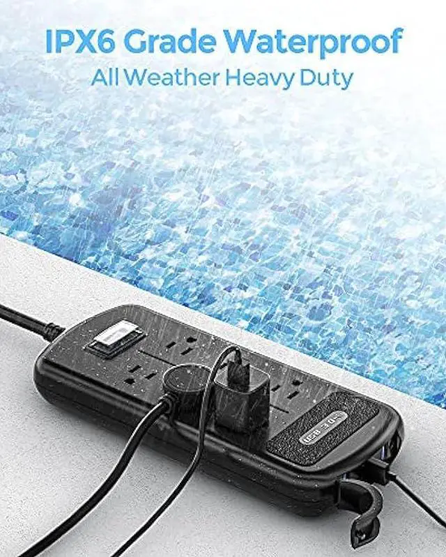 Alt view image 3 of 6 - Surge Protector Power Strip 10ft Long Extension Cord, Indoor Outdoor Waterproof 6 Outlets 3 USB Ports, Wall Mountable, Safe for Desktop Home Office Patio, Dorm Room Essentials, Black