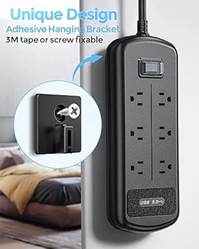 Alt view image 5 of 6 - Surge Protector Power Strip 10ft Long Extension Cord, Indoor Outdoor Waterproof 6 Outlets 3 USB Ports, Wall Mountable, Safe for Desktop Home Office Patio, Dorm Room Essentials, Black