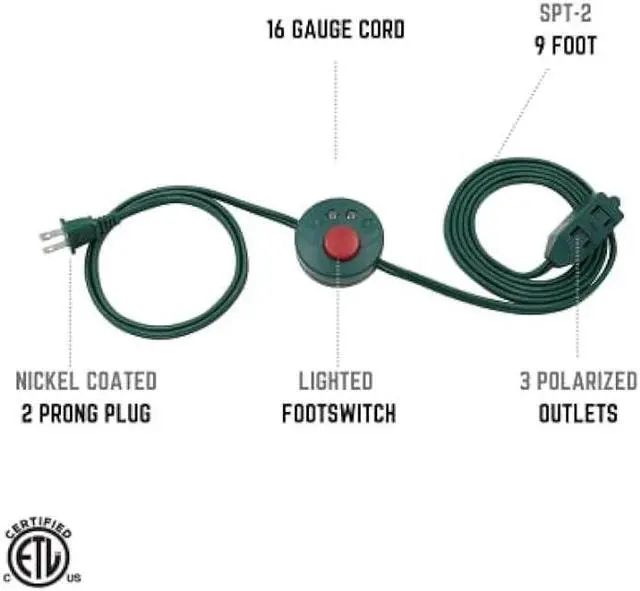 Main image of Clear Power Indoor Extension Cord - 9 FT, Green | 3 Outlet, 16/2 SPT-2, with Lighted Footswitch, Perfect for Christmas Lights and Holiday Decorations (CP10028)