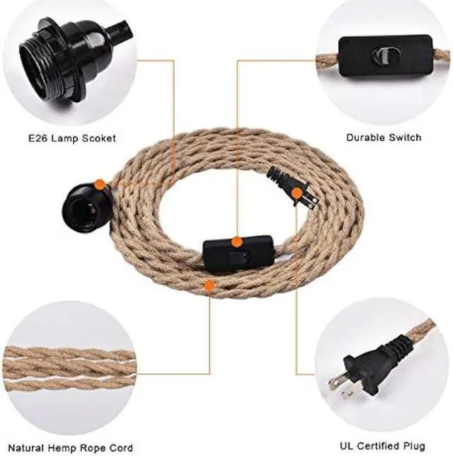 Alt view image 3 of 7 - 2 Pack Industrial Pendant Light Cords, 15Ft Plug in Hanging Light Kit with Switch, E26 Vintage Twisted Hemp Rope Pendant Lighting for Farmhouse, Pendant Light Extension, Cable DIY