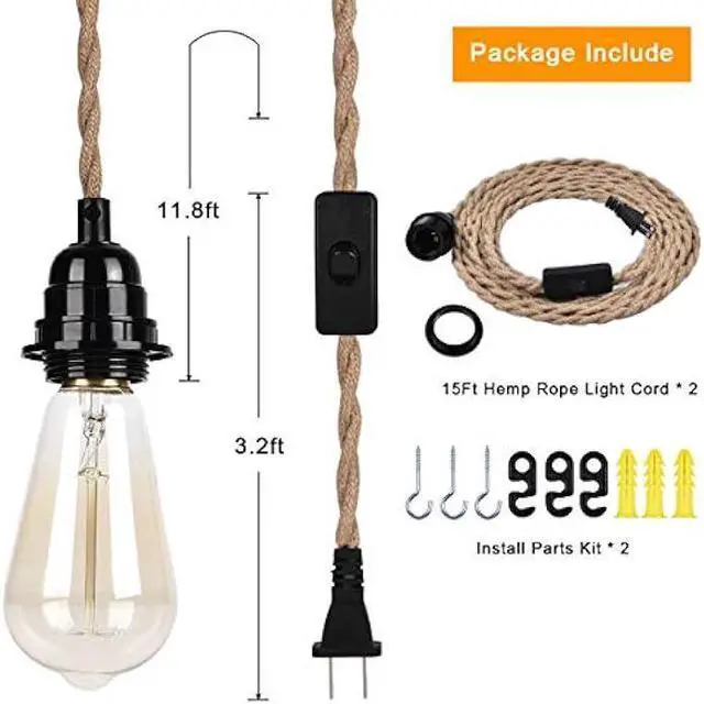 Alt view image 5 of 7 - 2 Pack Industrial Pendant Light Cords, 15Ft Plug in Hanging Light Kit with Switch, E26 Vintage Twisted Hemp Rope Pendant Lighting for Farmhouse, Pendant Light Extension, Cable DIY