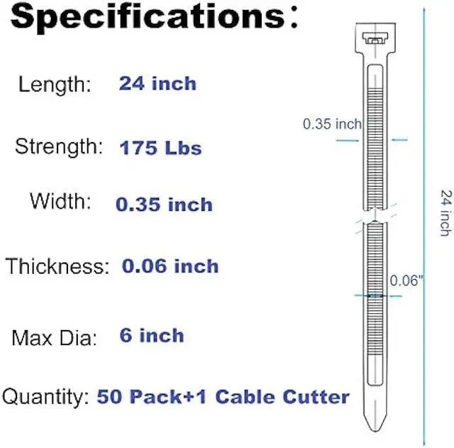 Alt view image 2 of 7 - Honyear 24 Inch Cable Zip Ties Heavy Duty (with Wire Cable Cutters), Strong Large Black Zip Ties with 175 Pounds Tensile Strength, 50 Pack, Long Durable Nylon Black tie Wraps, Outdoor UV Resistant