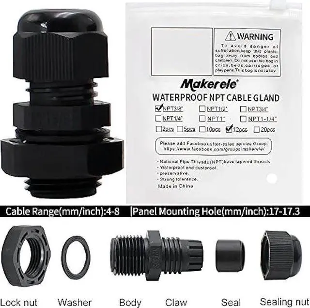 Alt view image 4 of 6 - MAKERELE NPT 3/8 Nylon Cable Glands, IP68 Waterproof Strain Relief Cord Connector