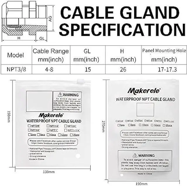 Alt view image 5 of 6 - MAKERELE NPT 3/8 Nylon Cable Glands, IP68 Waterproof Strain Relief Cord Connector