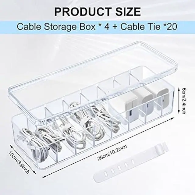 Alt view image 2 of 6 - 4 Pcs Cable Organizer Box with 40 Pcs Wire Ties, Clear Plastic Cord Storage Box with Lid, Electronics Organizer for Home Office Desk Organizers and Accessories