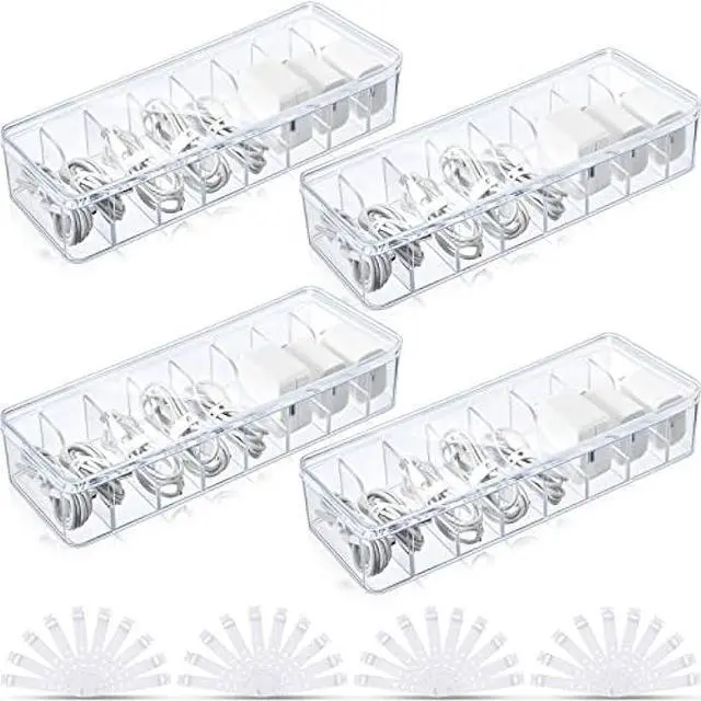 Main image of 4 Pcs Cable Organizer Box with 40 Pcs Wire Ties, Clear Plastic Cord Storage Box with Lid, Electronics Organizer for Home Office Desk Organizers and Accessories