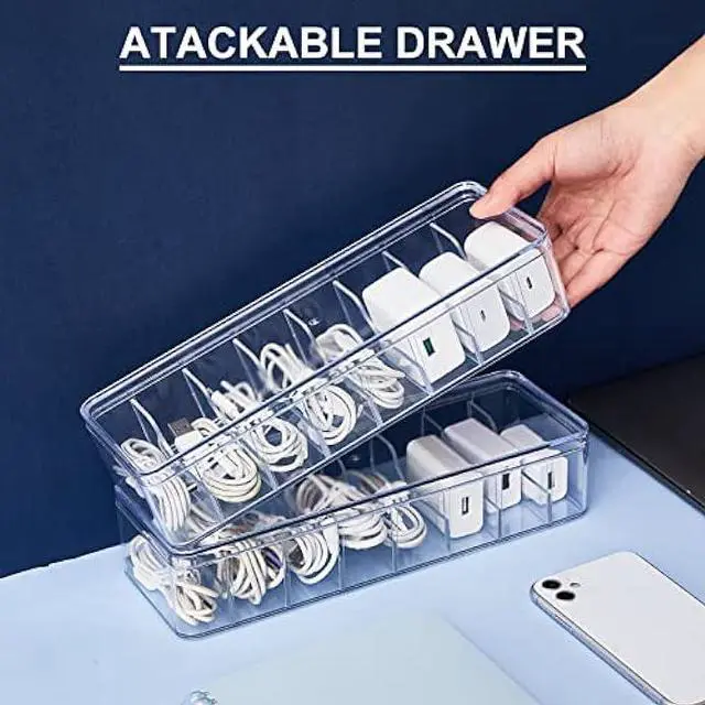 Alt view image 5 of 6 - 4 Pcs Cable Organizer Box with 40 Pcs Wire Ties, Clear Plastic Cord Storage Box with Lid, Electronics Organizer for Home Office Desk Organizers and Accessories