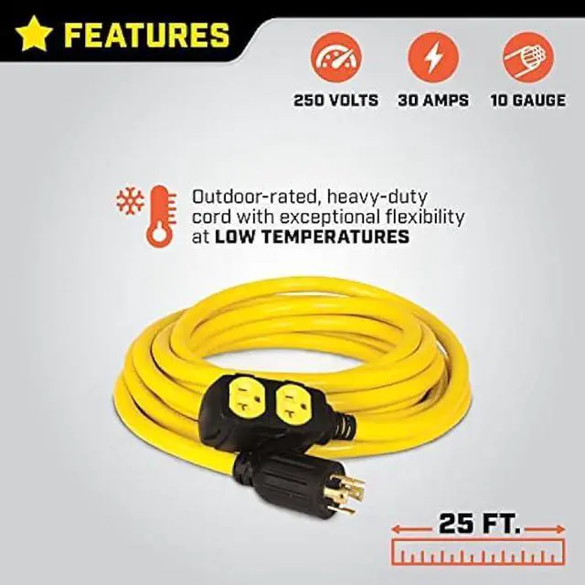 Alt view image 4 of 7 - Champion 25-Foot 30-Amp 125/250-Volt Duplex-Style Generator Extension Cord (L14-30P to four 5-20R)