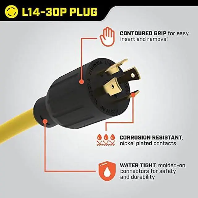 Alt view image 6 of 7 - Champion 25-Foot 30-Amp 125/250-Volt Duplex-Style Generator Extension Cord (L14-30P to four 5-20R)