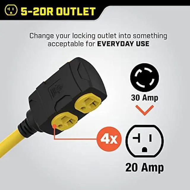 Alt view image 5 of 7 - Champion 25-Foot 30-Amp 125/250-Volt Duplex-Style Generator Extension Cord (L14-30P to four 5-20R)