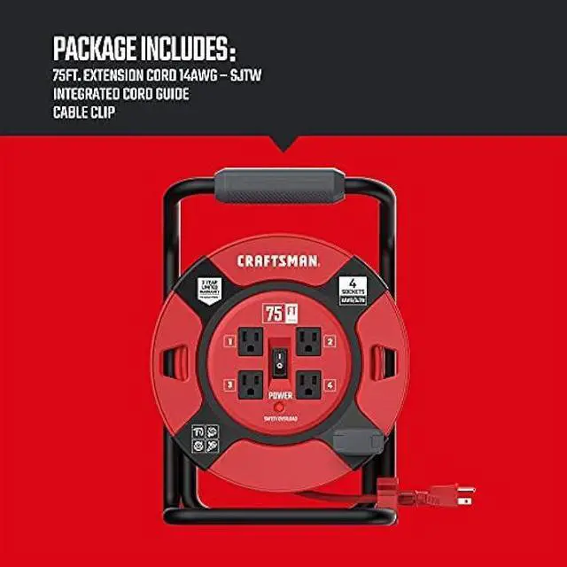 Alt view image 3 of 7 - CRAFTSMAN Retractable Extension Cord Reel 75 Ft. With 4 Outlets & Heavy Duty 14AWG SJTW Cable