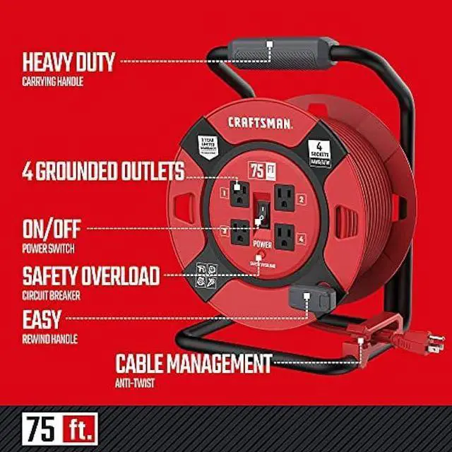 Alt view image 2 of 7 - CRAFTSMAN Retractable Extension Cord Reel 75 Ft. With 4 Outlets & Heavy Duty 14AWG SJTW Cable
