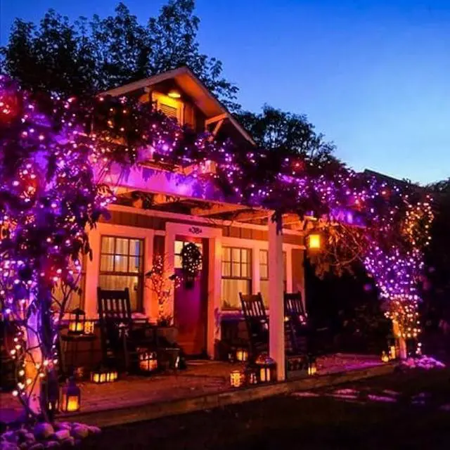 Alt view image 3 of 6 - Orange and Purple Solar Halloween Lights Outdoor Waterproof, 4-Pack 180 FT 320 LED Solar String Lights Black Wire 8 Modes Solar Fairy Twinkle Lights for Tree Bush Garden Horror Party Decoration