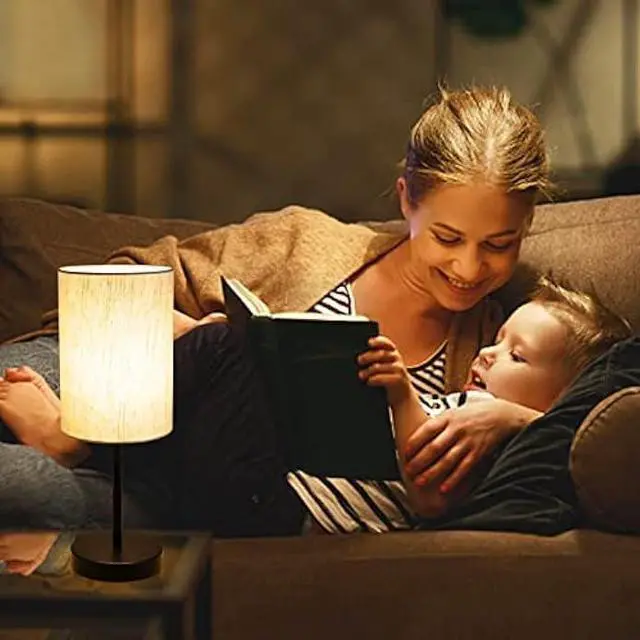 Alt view image 6 of 7 - RISLG Small Table Lamp for Bedroom, Bedside Lamps for Nightstand with Wire Switch, Minimalist Modern Desk Lamps with Linen Fabric Shade for Kids Room Living Room Office Dorm