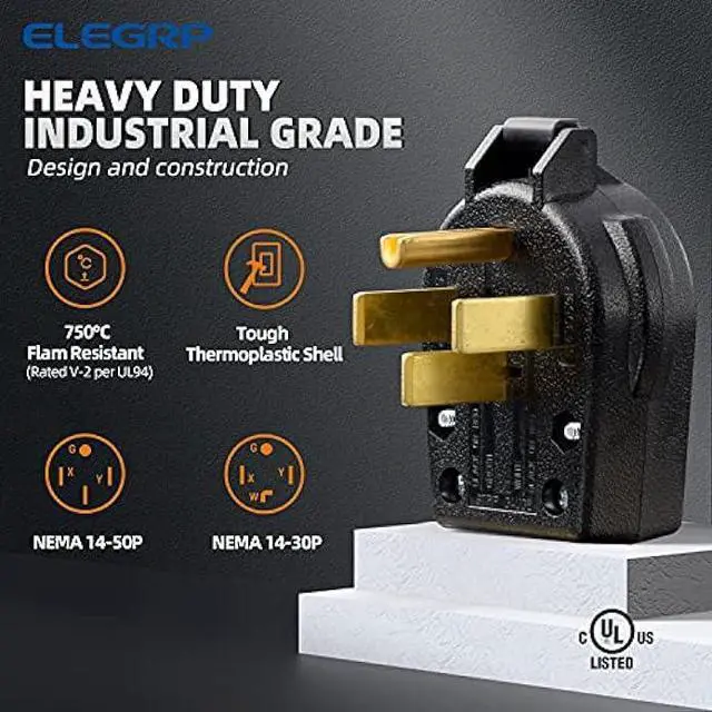 Alt view image 2 of 7 - ELEGRP NEMA 14-30P & NEMA 14-50P Plug, 4 Prong Dryer/Range Oven Stove Angle Plug, Straight Blade Heavy Duty, 30 Amp 50 Amp 125/250V, Industrial Grade, Grounding, 3 Pole 4 Wire, UL Listed