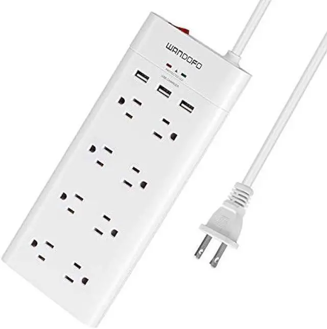 Main image of WANDOFO 2 Prong 8 Outlet Power Strip, 6 FT Extension Cord with 3 USB Ports, 1625W 1050J Surge Protector, 2 Prong to 3 Prong Multi Plug Outlet Adapter Converter, Polarized Plug, White