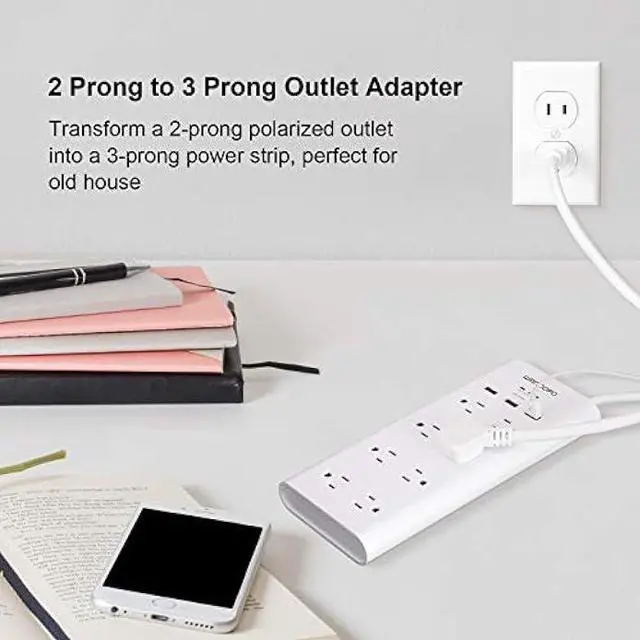 Alt view image 2 of 7 - WANDOFO 2 Prong 8 Outlet Power Strip, 6 FT Extension Cord with 3 USB Ports, 1625W 1050J Surge Protector, 2 Prong to 3 Prong Multi Plug Outlet Adapter Converter, Polarized Plug, White