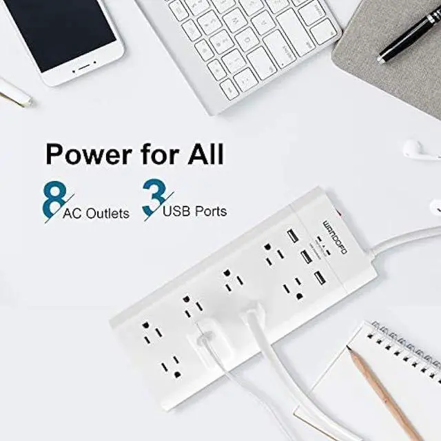 Alt view image 3 of 7 - WANDOFO 2 Prong 8 Outlet Power Strip, 6 FT Extension Cord with 3 USB Ports, 1625W 1050J Surge Protector, 2 Prong to 3 Prong Multi Plug Outlet Adapter Converter, Polarized Plug, White