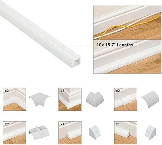 Alt view image 2 of 6 - D-Line 157in White Corner Cable Concealer Multipack, Floor Wire Hider, Quarter Round Cord Cover, Organize Cords in Corners, Floor Molding - 10x 15.7in Lengths & Accessories