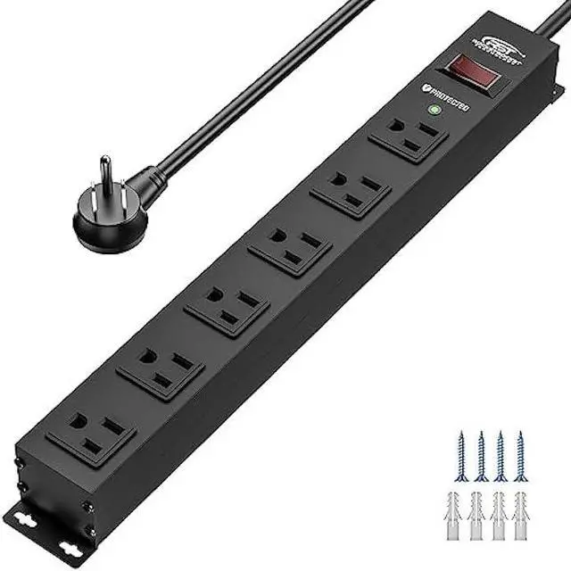 Main image of CRST 6 Outlet Heavy Duty Power Strip with Switch, 15A/1875W Metal Mountable Power Strip Surge Protector 2100Joules, Wide Spaced Power Bar for Garage Worshop Home School, 6 FT Cord