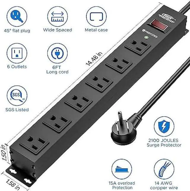 Alt view image 2 of 7 - CRST 6 Outlet Heavy Duty Power Strip with Switch, 15A/1875W Metal Mountable Power Strip Surge Protector 2100Joules, Wide Spaced Power Bar for Garage Worshop Home School, 6 FT Cord