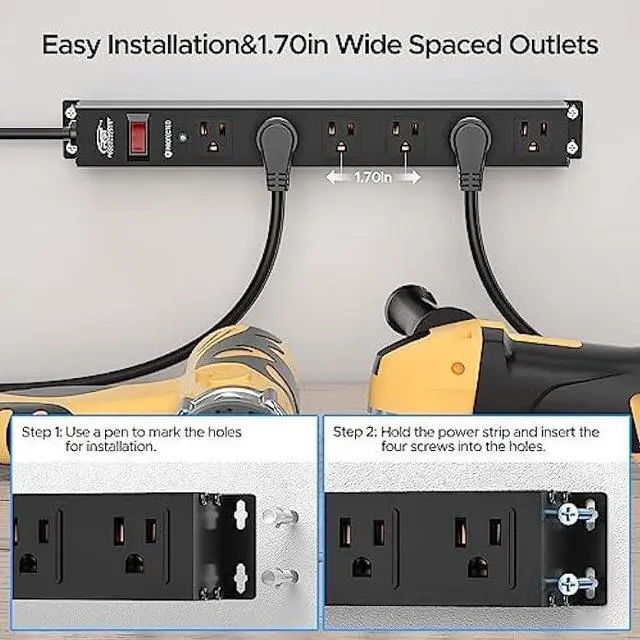 Alt view image 5 of 7 - CRST 6 Outlet Heavy Duty Power Strip with Switch, 15A/1875W Metal Mountable Power Strip Surge Protector 2100Joules, Wide Spaced Power Bar for Garage Worshop Home School, 6 FT Cord