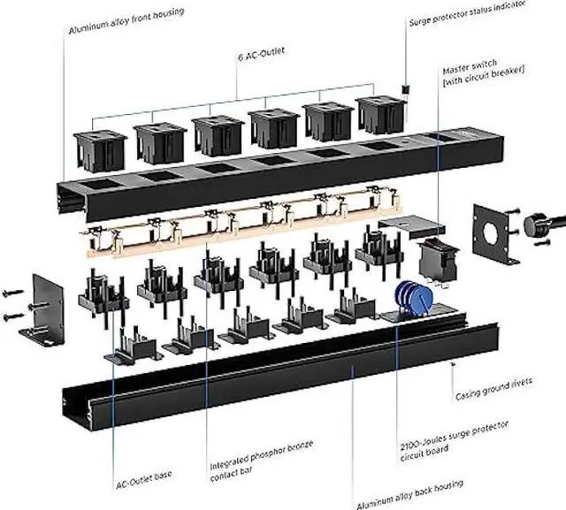 Alt view image 7 of 7 - CRST 6 Outlet Heavy Duty Power Strip with Switch, 15A/1875W Metal Mountable Power Strip Surge Protector 2100Joules, Wide Spaced Power Bar for Garage Worshop Home School, 6 FT Cord