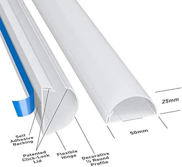 Alt view image 2 of 6 - D-Line TV Wire Hider, Half Round Cord Cover for Wall Mount TV, Hinged One-Piece Raceway, Paintable, Self-Adhesive Cable Management - 2 (W) x 1 (H) x 18 Length - White
