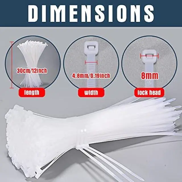 Alt view image 2 of 7 - White Zip Ties 12 Inch Heavy Duty Clear 1000 Pack Tensile Strength 50 lbs UV Resistant Industrial Cable Ties Self Locking Zipties Wire Ties Wrap Indoor Outdoor Use for Fence Garage Camping, Zcpotizi