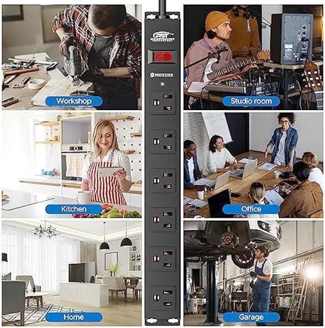 Alt view image 6 of 7 - CRST 6 Outlet Heavy Duty Power Strip with Switch, 15A/1875W Metal Mountable Power Strip Surge Protector 2100Joules, Wide Spaced Power Bar for Garage Worshop Home School, 6 FT Cord