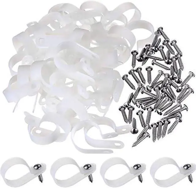 Main image of Hicarer 50 Pack R-Type Cable Clip Wire Clamp, Nylon Screw Mounting Cord Fastener Clips with 50 Pack Screws for Wire Management (1 Inch)