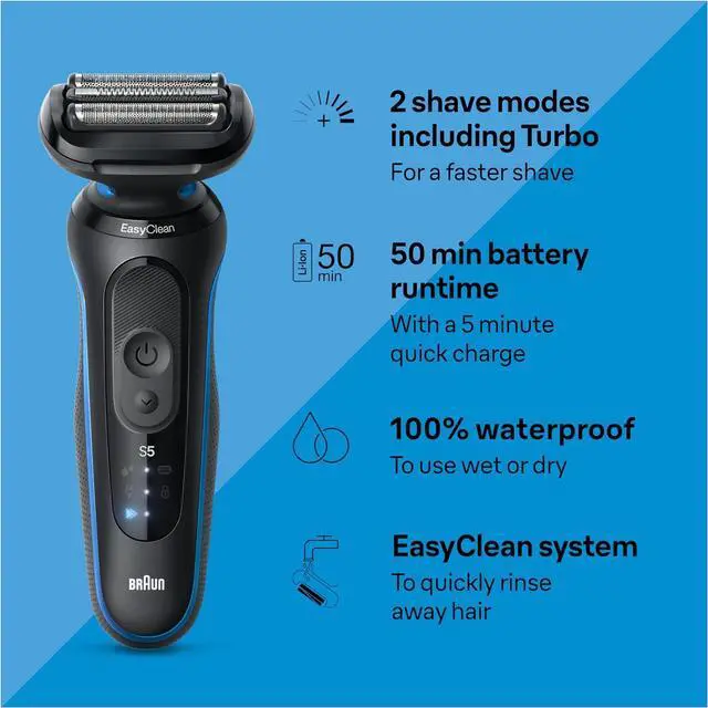 Alt view image 2 of 7 - Braun Electric Shaver for Men, Series 5 5150cs, Wet & Dry Shave, Turbo Shaving Mode, Foil Shaver, with Beard Trimmer, Body Groomer and Charging Stand, Blue