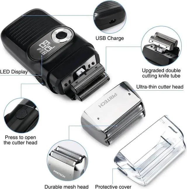 Alt view image 5 of 6 - PRITECH Foil and Bald Shavers 2 in 1 Electric Shaver for Men Foil Blade and PopupTrimmer with Rechargeable 3 Adjustable Speeds Men's Shaver (Black Silver)