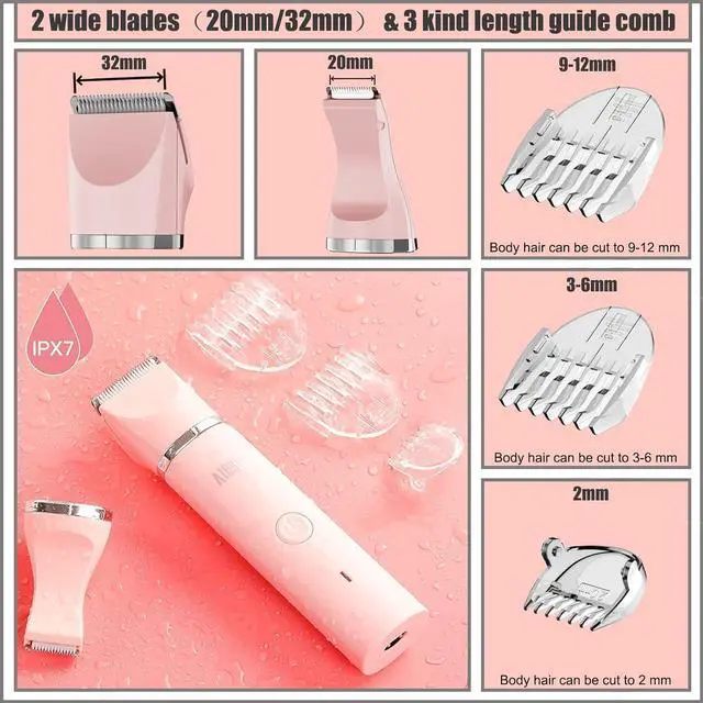 Alt view image 3 of 7 - Electric Bikini Trimmer for Women - 2 in 1 Electric Lady Clipper Pubic Hair Groomer Painless Hair Removal Razor Body Shaver , Portable Ladies Shaver with 2 Trimmer Heads , IPX7 Waterproof