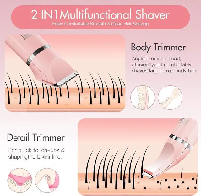 Alt view image 4 of 7 - Electric Bikini Trimmer for Women - 2 in 1 Electric Lady Clipper Pubic Hair Groomer Painless Hair Removal Razor Body Shaver , Portable Ladies Shaver with 2 Trimmer Heads , IPX7 Waterproof