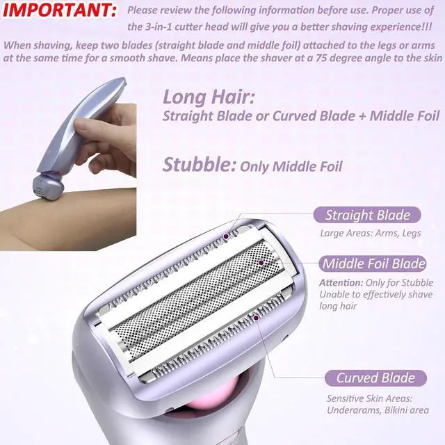 Alt view image 2 of 7 - Electric Shaver for Women Legs, Lady Razors Hair Removal Waterproof Wet or Dry for Underarm Arm Bikini Private Area Pubic Hair, Portable Painless Ladies Body Hair Trimmer Remover (Purple