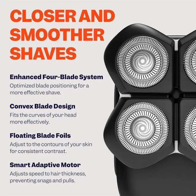 Alt view image 4 of 6 - FlexSeries Pro Electric Head Shaver - Fast Smooth Head Shaver, Wet/Dry Shaving, Anti-Pinch, Rotary Electric Razor, USB Rechargeable, Cordless, 4 Flexible Blades, Ideal Gifts for Bald Men