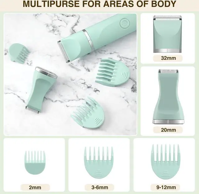 Alt view image 3 of 7 - Waterproof Bikini Trimmer Women Electric Razor for Pubic Hair Women's Foil Shaver Rechargeable Shaver Removal with Snap-in Ceramic Blades IP7X Washable Head,Wet and Dry Use,Green