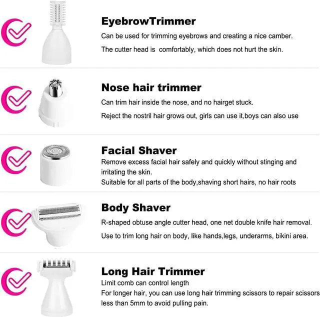 Alt view image 4 of 7 - Electric Razor for Women Removal for Body Nose Hair Trimmer Face Shavers Eyebrow Legs Armpit Bikini Area Pubic Underarms Painless Rechargeable Portable 5 in 1 Womens Razors Set
