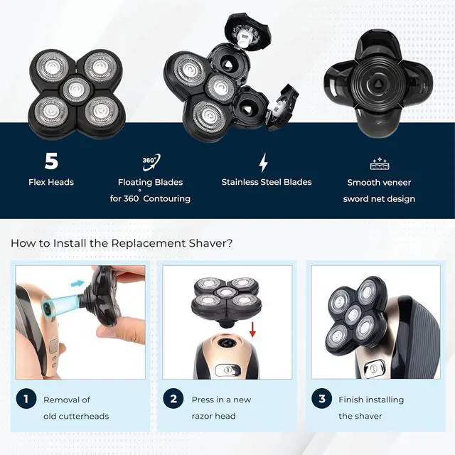 Alt view image 5 of 6 - 3 Pack Shaver Replacement Blades Compatible with Freedom Head Shaver Kit, 5 Blades Shaver Replacement Heads for Head Shavers for Bald Men, Replacement Blades for Head Electric Razor Shaving, 3 Brush