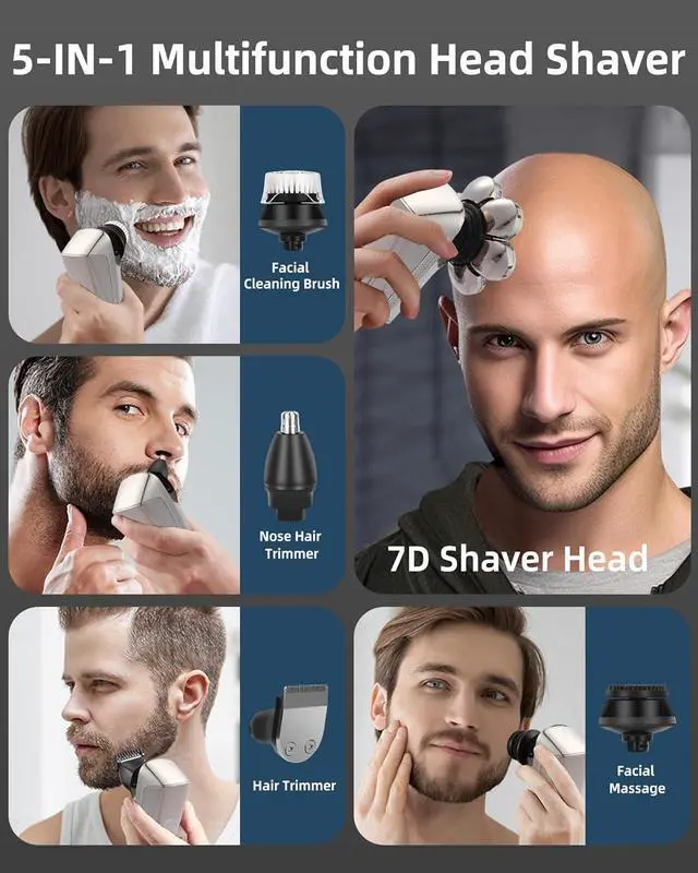 Alt view image 4 of 7 - Head Shavers for Bald Men,7D Detachable Electric Bald Head Shaver,5-in-1 Dry Wet Bald Head Shavers for Men,IPX7 Waterproof Electric Razor for Men with Led Display