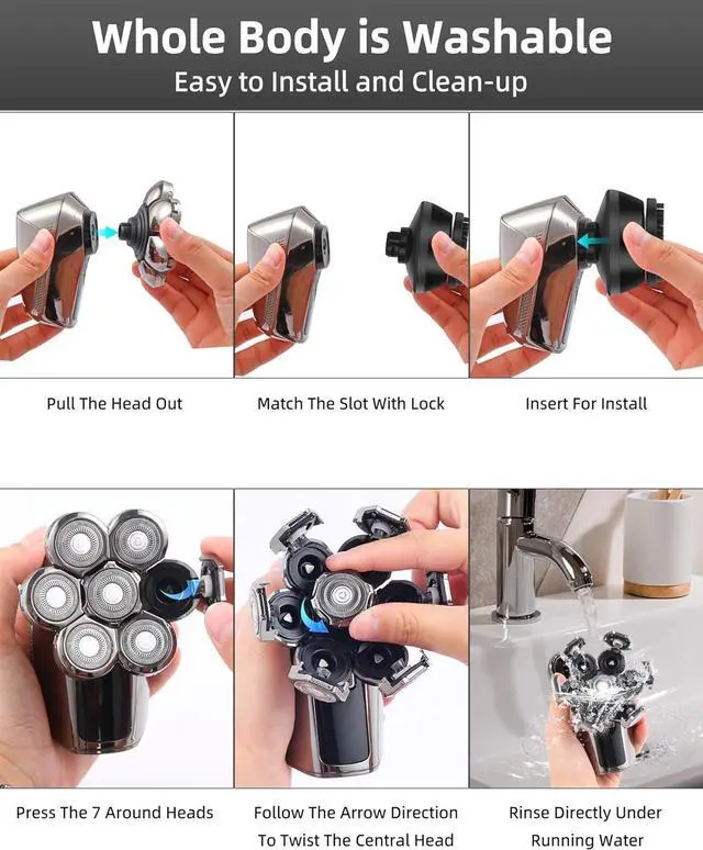 Alt view image 5 of 7 - Head Shavers for Bald Men,7D Detachable Electric Bald Head Shaver,5-in-1 Dry Wet Bald Head Shavers for Men,IPX7 Waterproof Electric Razor for Men with Led Display