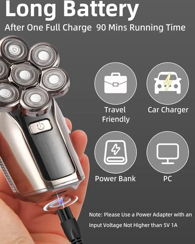 Alt view image 6 of 7 - Head Shavers for Bald Men,7D Detachable Electric Bald Head Shaver,5-in-1 Dry Wet Bald Head Shavers for Men,IPX7 Waterproof Electric Razor for Men with Led Display