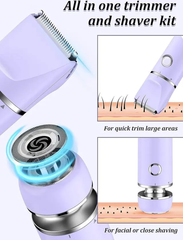 Alt view image 3 of 7 - Bikini Trimmer and Shaver Kit for Women - 2-in-1 Wet/Dry Electric Body Hair Trimmer Facial Hair Removal Cordless Waterproof Bikini Shaver Razor for Face Lip Chin Pubic Underarm Legs (Purple)