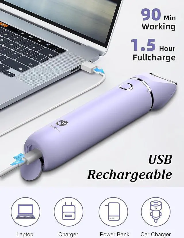 Alt view image 6 of 7 - Bikini Trimmer and Shaver Kit for Women - 2-in-1 Wet/Dry Electric Body Hair Trimmer Facial Hair Removal Cordless Waterproof Bikini Shaver Razor for Face Lip Chin Pubic Underarm Legs (Purple)