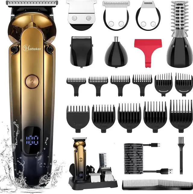 Main image of Hatteker Men's Beard Trimmer Kit Electric Razor Shaver Professional Hair Clipper with Zero Gapped T-Blade Trimmer Nose Ear Beard Body Trimmer for Men Waterproof Cordless Grooming Kit 6 in 1